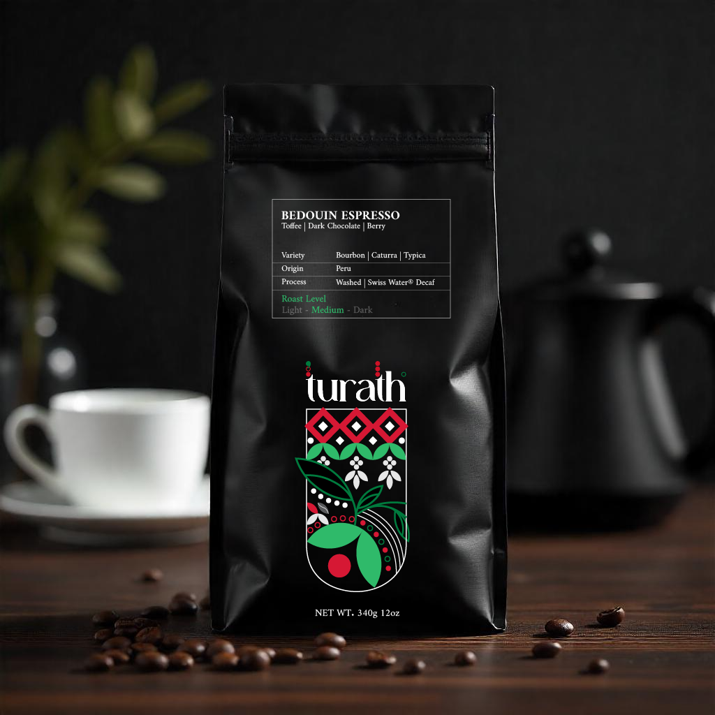 Bedouin Espresso decaf Arabica blend with toffee, dark chocolate, and berry