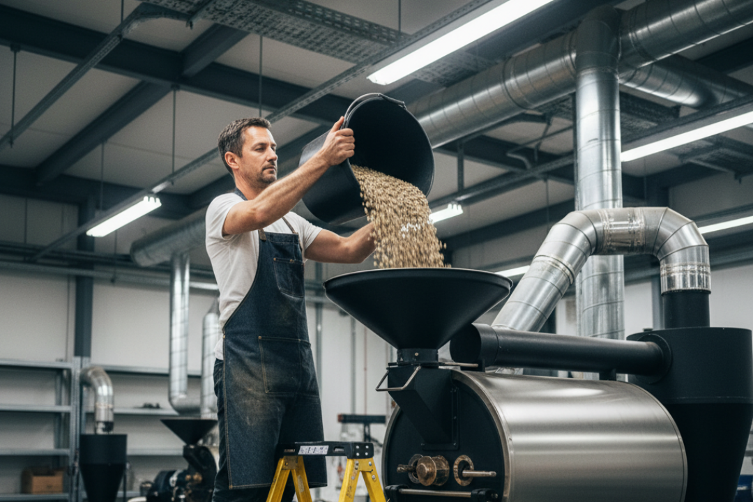 A person pouring green coffee beans into a roasting machine 