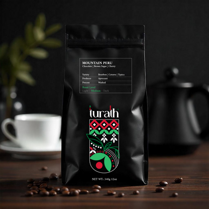 Mountain Peru medium roast Arabica with chocolate, brown sugar, and cherry